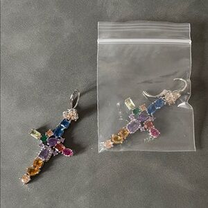 Multicolor Gemstone Cross Pendant Earrings - Pair